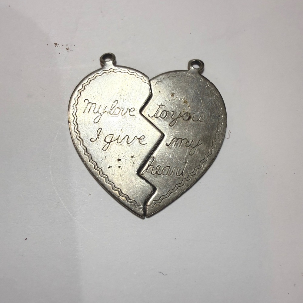 Vintage Silver Tone Break Apart Heart Pendant My Love To You I Give My Heart